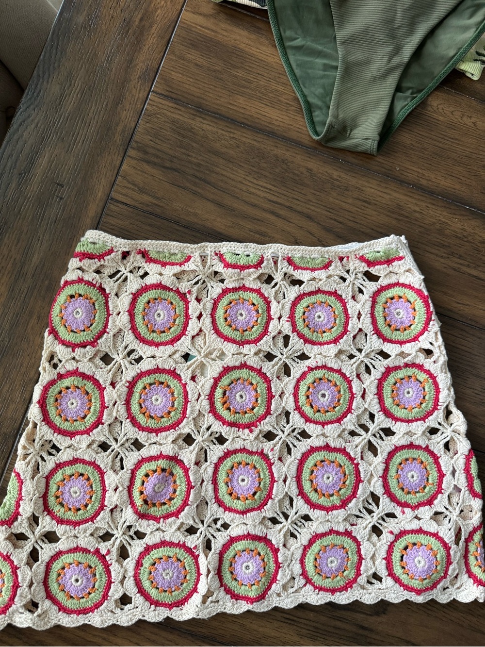 Crochet Mini Coverup Skirt in Cream with Pink, Purple & Green Accents